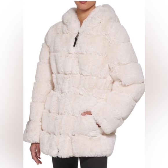 DKNY Faux Fur Winter Coat, Cream, size M - Picture 1 of 9